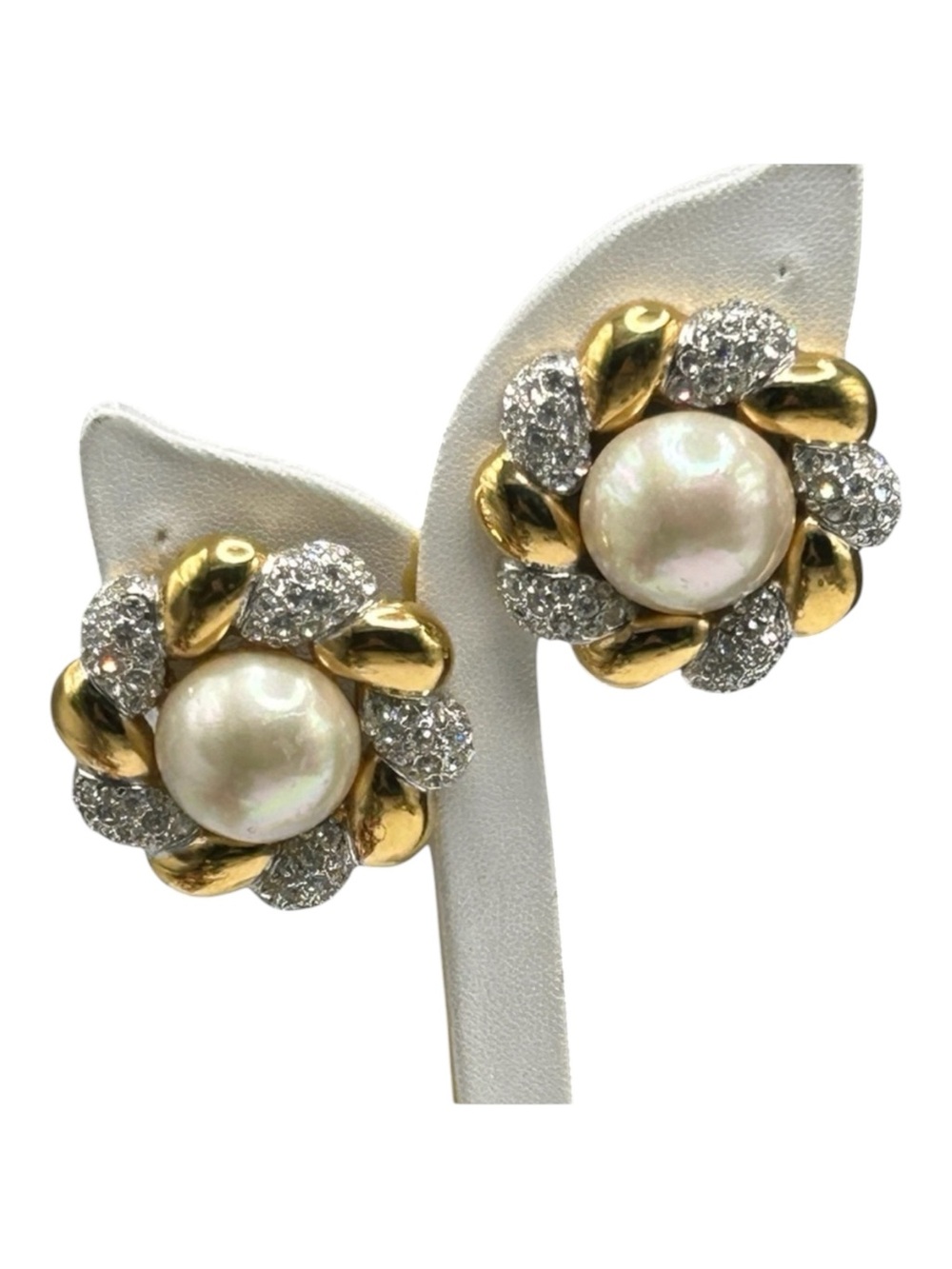 Vintage Faux Mabe’ Pearl Rhinestone Statement Earrings